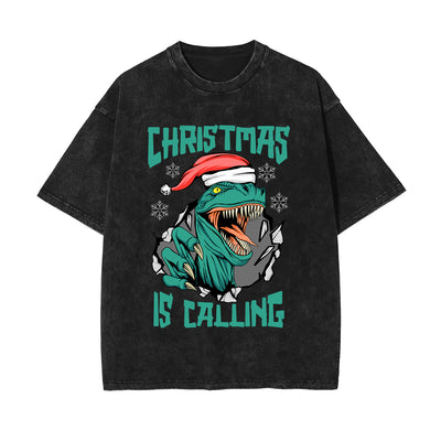 Christmas Dinosaur Stone Wash Graphic Tee-INNBLAC
