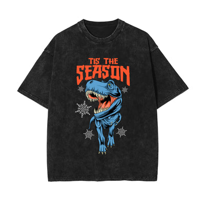 Christmas Dinosaur Stone Wash Graphic Tee-INNBLAC