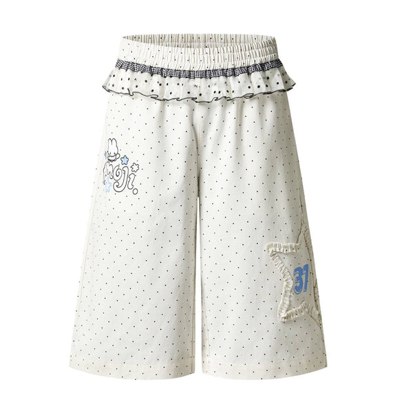Y2K Polka Dot Graphic Ruffle Waist Baggy Wide-Leg Bermuda Denim Shorts