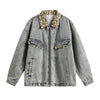Vintage Streetwear Leopard Print Patchwork Washed Denim Jacket