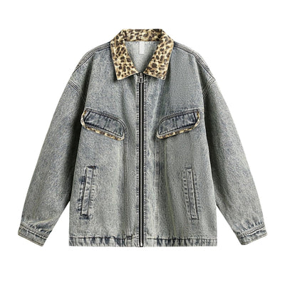 Vintage Streetwear Leopard Print Patchwork Washed Denim Jacket