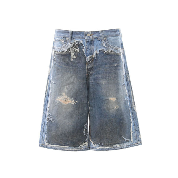 Vintage Washed Distressed Denim Bermuda Shorts with Frayed Panels