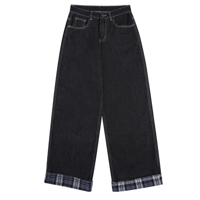 Plaid Cuff Baggy Jeans