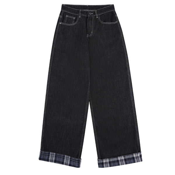 Plaid Cuff Baggy Jeans