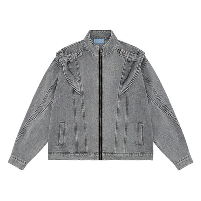 Trendy Patchwork Motorcycle Style Retro Street Washed Denim Jacket
