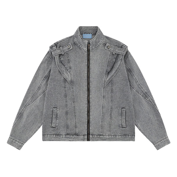 Trendy Patchwork Motorcycle Style Retro Street Washed Denim Jacket