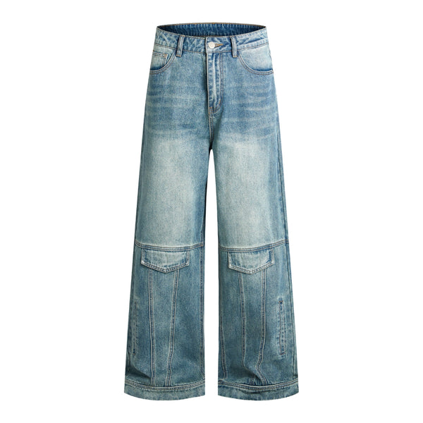 Washed Faux-Pocket Paneled Workwear Baggy Jeans