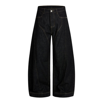 Raw Yellow-Stitch Wide-Leg Curved Baggy Denim Pants