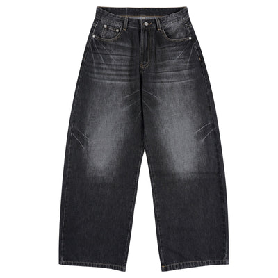 Faded Crackle Wash Baggy Curved Leg Denim Jeans