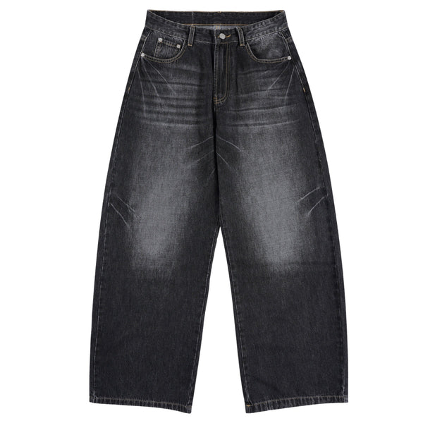 Faded Crackle Wash Baggy Curved Leg Denim Jeans