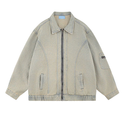 Men's American Retro Loose Zipper Workwear Washed Denim Jacket