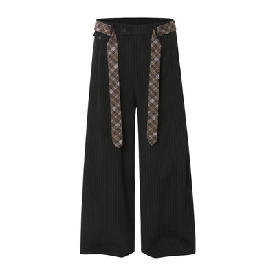 Washed Stripe Plaid Belt Relaxed Pants