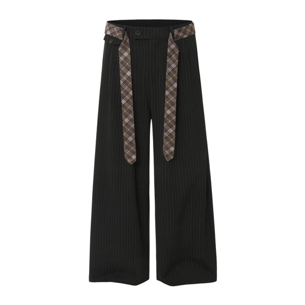 Washed Stripe Plaid Belt Relaxed Pants