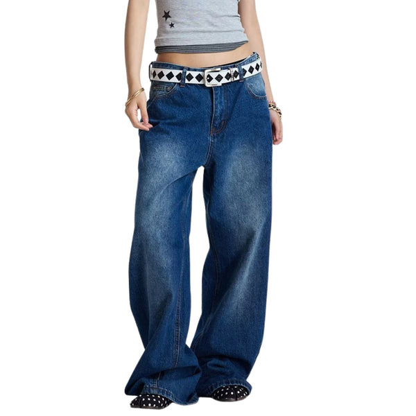 Washed Graphic Patchwork Wide Leg Denim Jeans