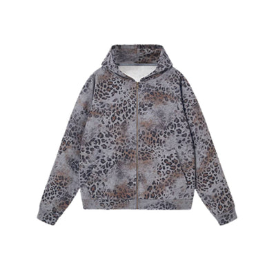 Vintage Streetwear Leopard Pattern Relaxed Fit Zip Hoodie