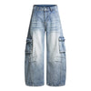 American Vintage Washed High-Waist Curved Wide-Leg Workwear Denim Pants