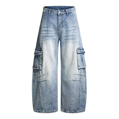 American Vintage Washed High-Waist Curved Wide-Leg Workwear Denim Pants