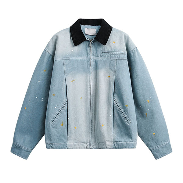 Men's Vintage Washed Splatter Ombre Denim Utility Jacket