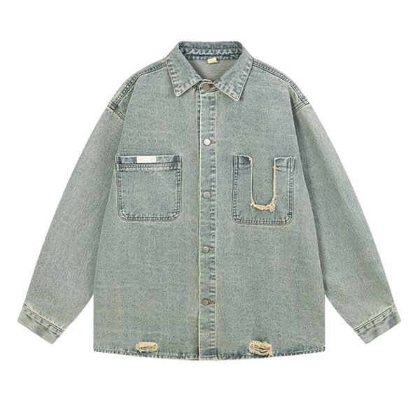 New Distressed Loose Stand Collar Denim Shirt Jacket