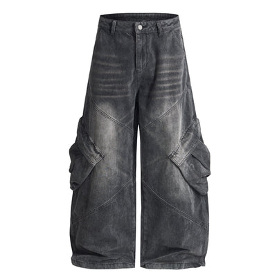 Cargo Wide Leg Distressed Wash Denim Jeans