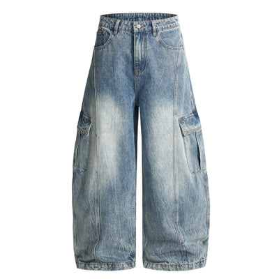 Distressed Cargo Style Wide Leg Denim Jeans
