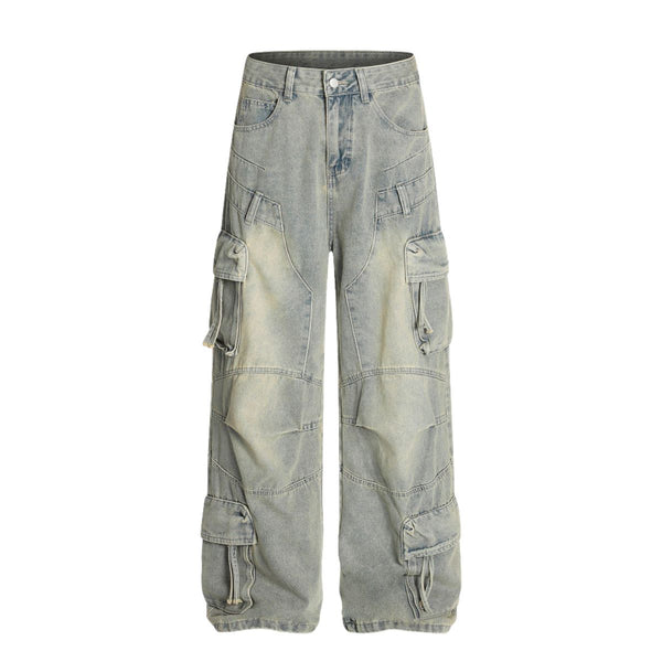 Men's Distressed Washed Denim Cargo Pants Wide Leg Unique Structured