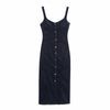 Decorative Button Strappy Denim Maxi Dress