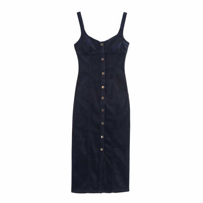 Decorative Button Strappy Denim Maxi Dress