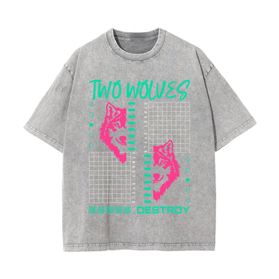 Two Wolves Graphic Stone Wash Tee-INNBLAC
