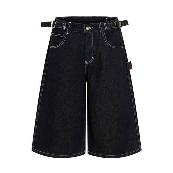 Retro Raw Denim Wide-Leg Bermuda Shorts