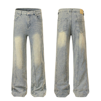 Muddy-Wash Faded Panel-Stitch Jeans