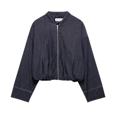 Indigo Zip Up Gathered Denim Jacket