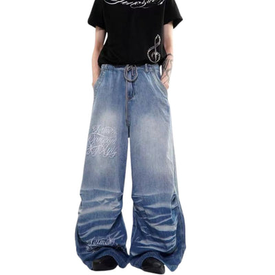 Washed Drawstring Wide Leg Denim Pants