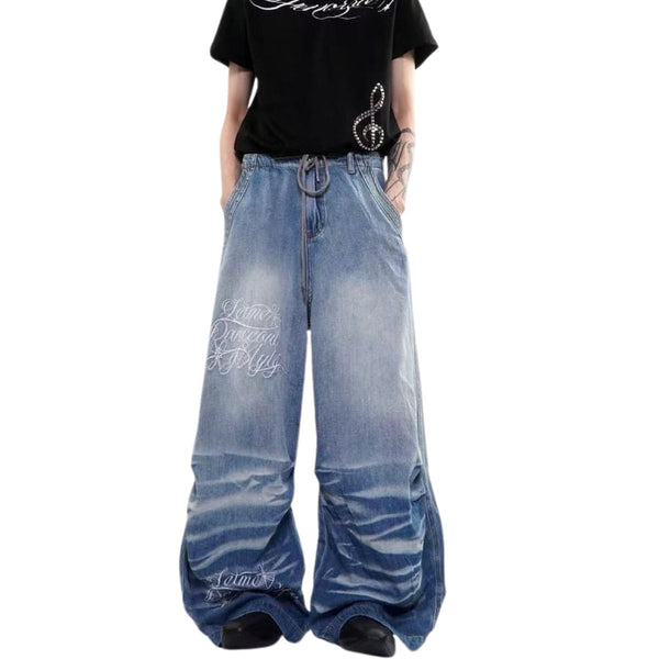 Washed Drawstring Wide Leg Denim Pants