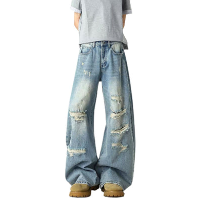 Heavy Distressed Curved Wide Leg Denim Jeans