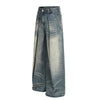 Men's Washed Distressed Denim Pants Loose Wide Leg Pleated Fade