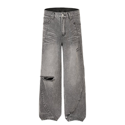 Smoky Gray Distressed Wide-Leg Jeans