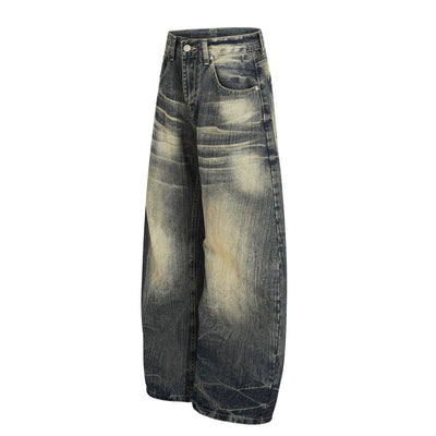 Men's Washed Faded Wide Leg Curved Denim Pants Distressed Punk