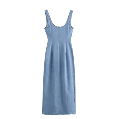Button-Front Strappy Denim Maxi Dress