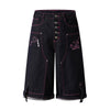 Washed Contrast Star Heart Embroidered Button Wide-Leg Bermuda Shorts
