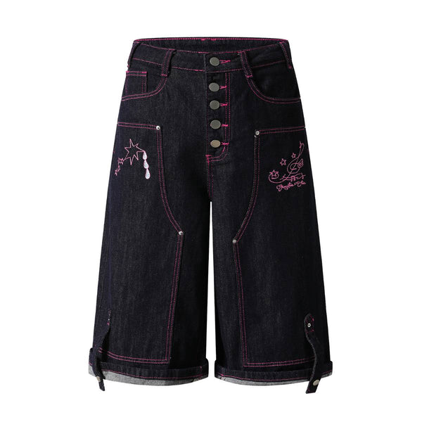 Washed Contrast Star Heart Embroidered Button Wide-Leg Bermuda Shorts