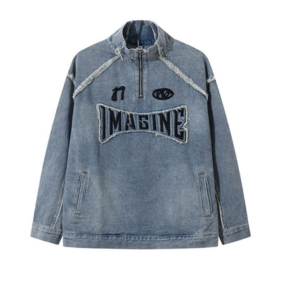 Oversized Stand-up Collar Washed Distressed Denim Jacket