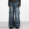 High Waisted Cargo Denim Pants Oversized Pockets Vintage Wash