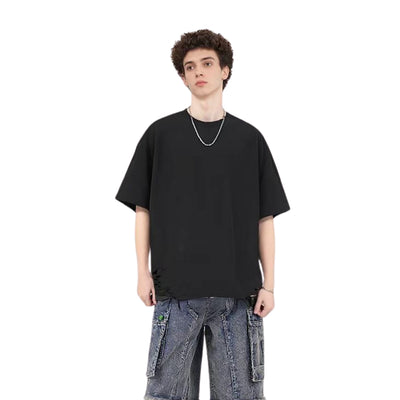Black Washed Cotton Ripped Boxy Tee 8oz