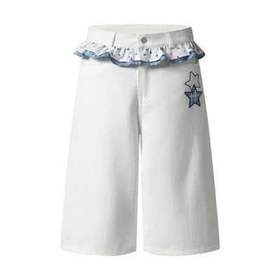 Washed Star Print Ruffle Waist Plaid Relaxed Bermuda Shorts