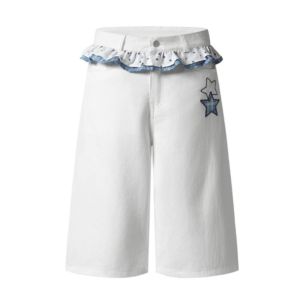 Washed Star Print Ruffle Waist Plaid Relaxed Bermuda Shorts