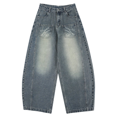 Laser Print Vintage Curved Denim Wide Leg Jeans