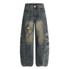Men's Curved Denim Pants Wide Leg Distressed Paint Splatter Holes