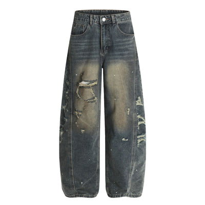 Men's Curved Denim Pants Wide Leg Distressed Paint Splatter Holes