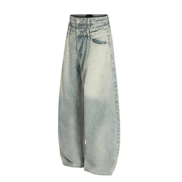 Men's Two-Tone Double Waist Denim Pants Washed Distressed Punk